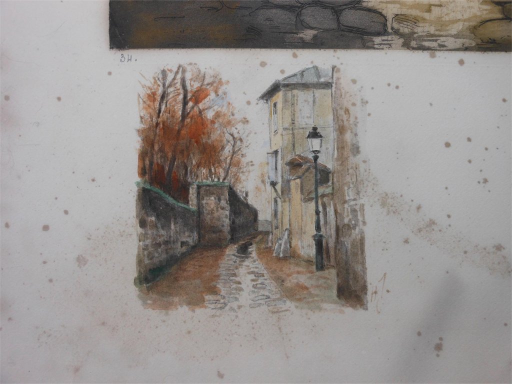 Détail du document avant restauration, aquarelle et aquatinte